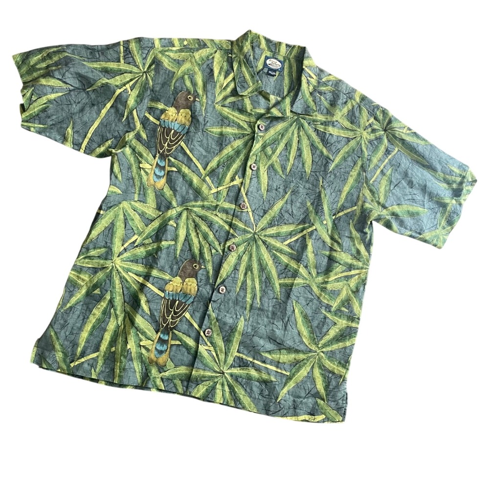 Tommy Bahama‎ Mens Large 100% Linen Tropical Bird Palm Leaf Button Down Shirt